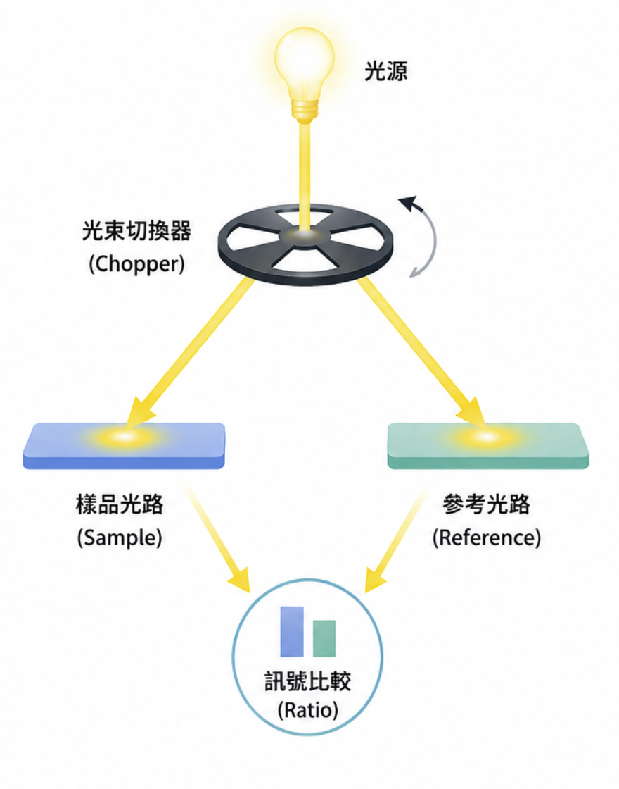 雙光束系統原理圖：光源經光束切換器形成樣品光路與參考光路，最後進行訊號比較