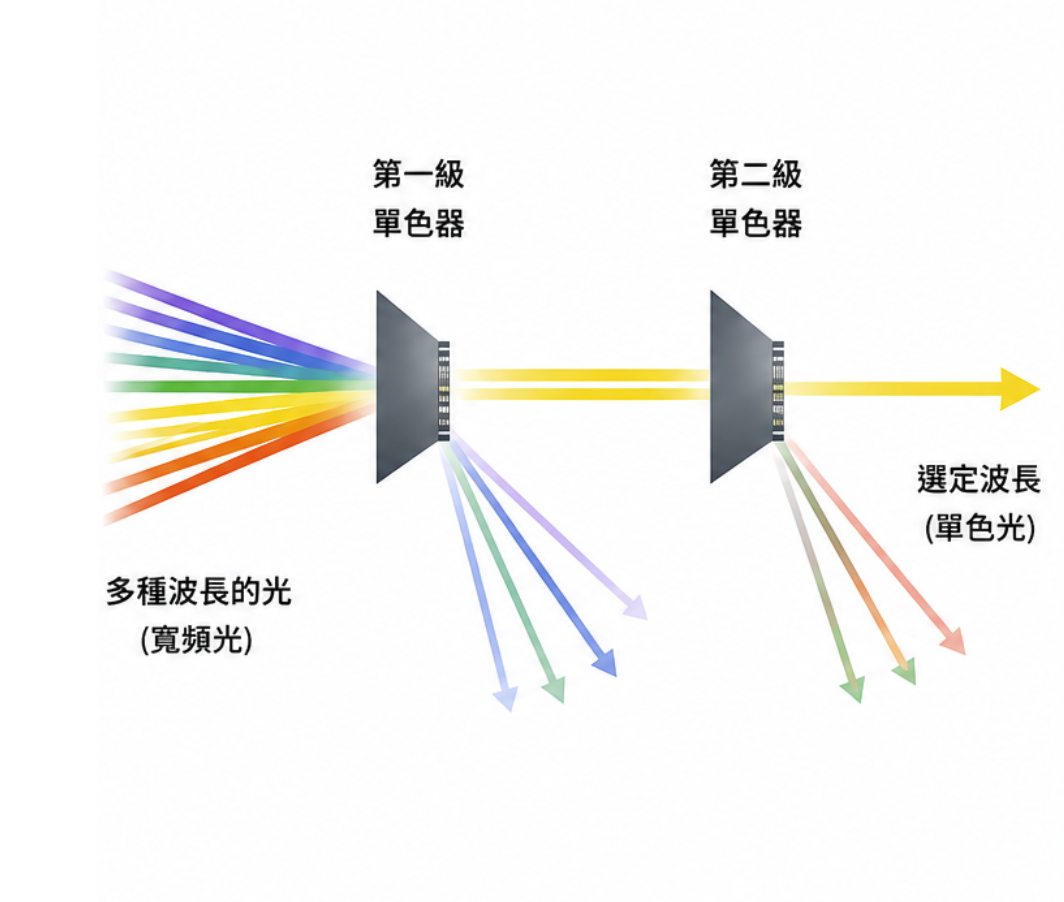 雙單色器系統原理圖：寬頻光經兩級單色器連續選光後輸出選定波長